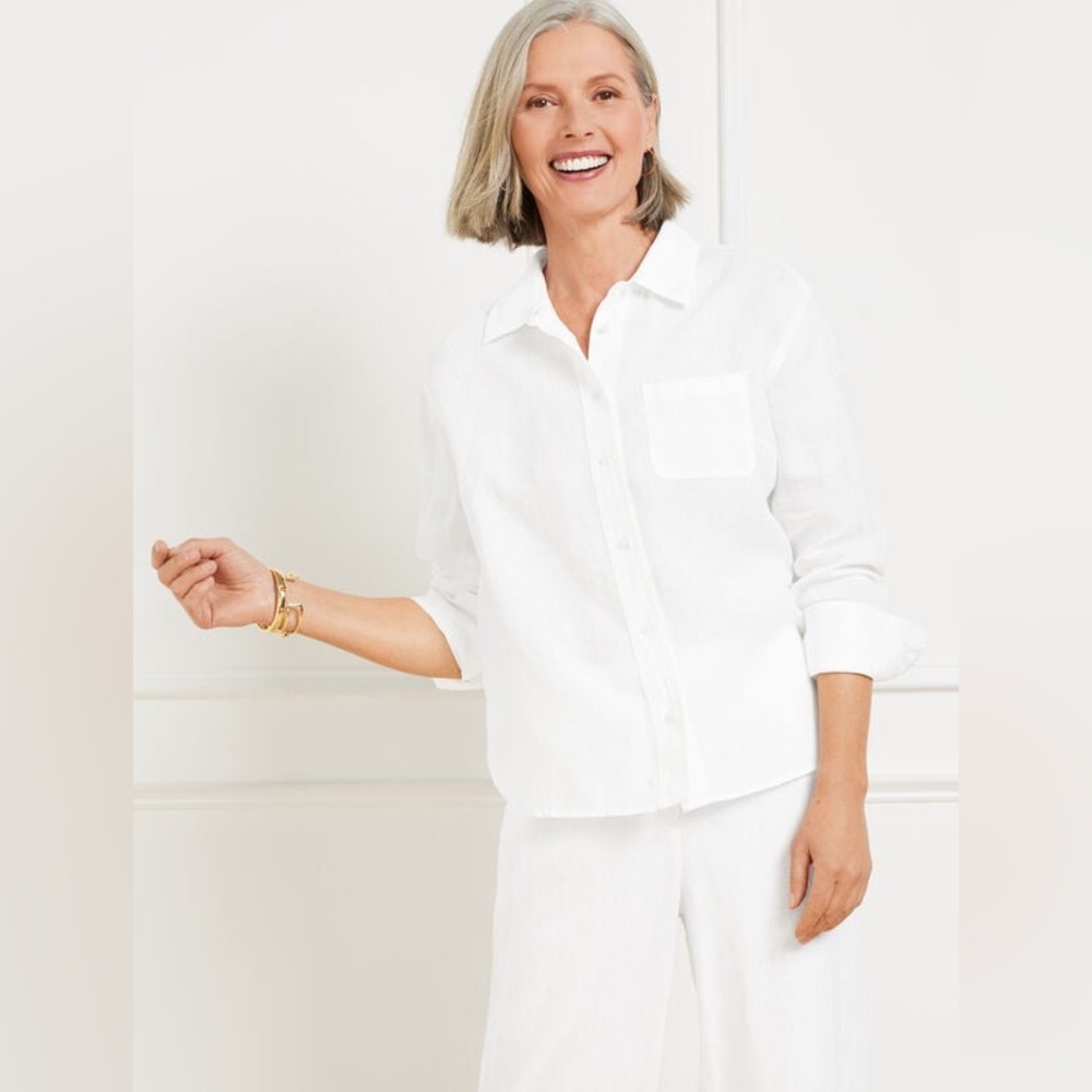 Coldwater Creek white linen button-down shirt turned up cuffs sleeves Women Med.